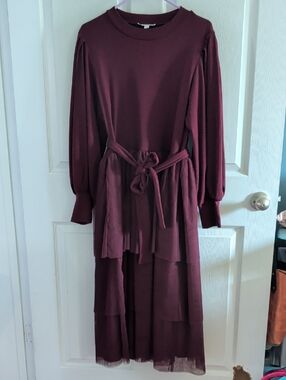 Ivy City Co Burgundy Long Sleeve Maxi Dress with Tie Waist